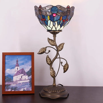 WERFACTORY Small Tiffany Table Lamp 8" Blue Stained Glass Dragonfly Style Shade 19" Tall Antique Vintage Metal Leaf Base Mini Bedside Accent Desk Torchiere Uplight